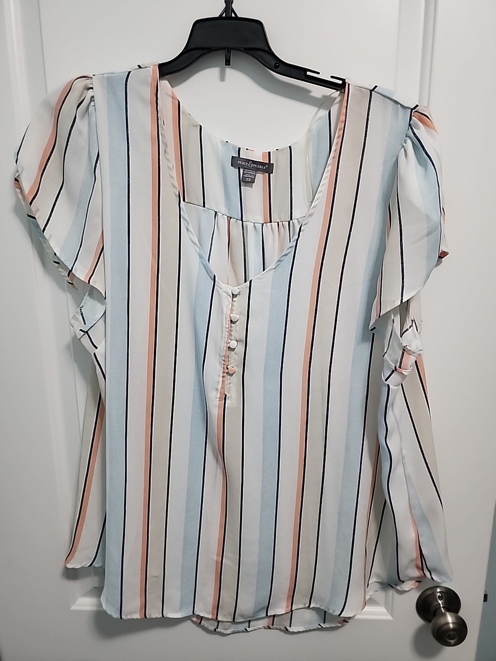 Peace & Pearl  Pastel Stripe Button-Front Flutter Sleeve Blouse